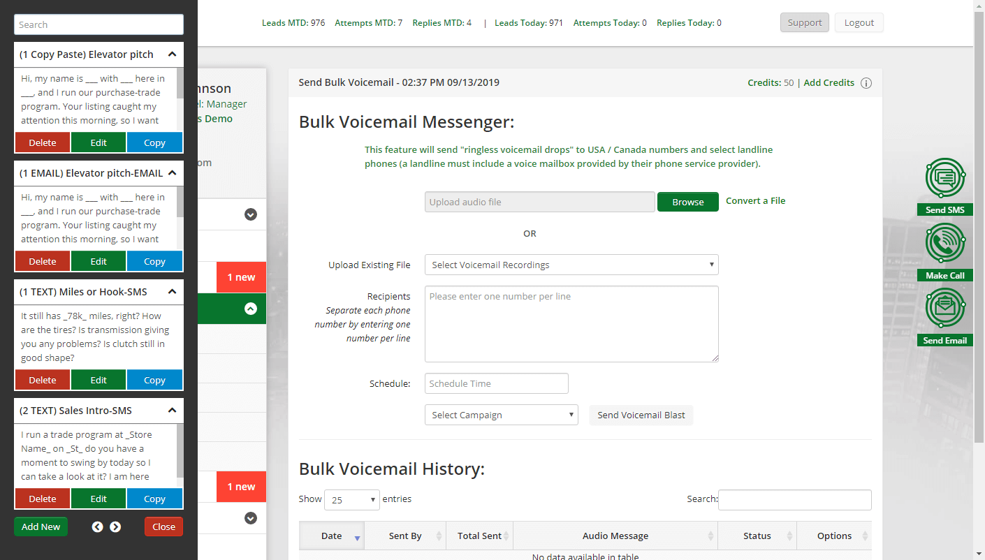 LeadLocate CRM bulk voicemail messenger screenshot