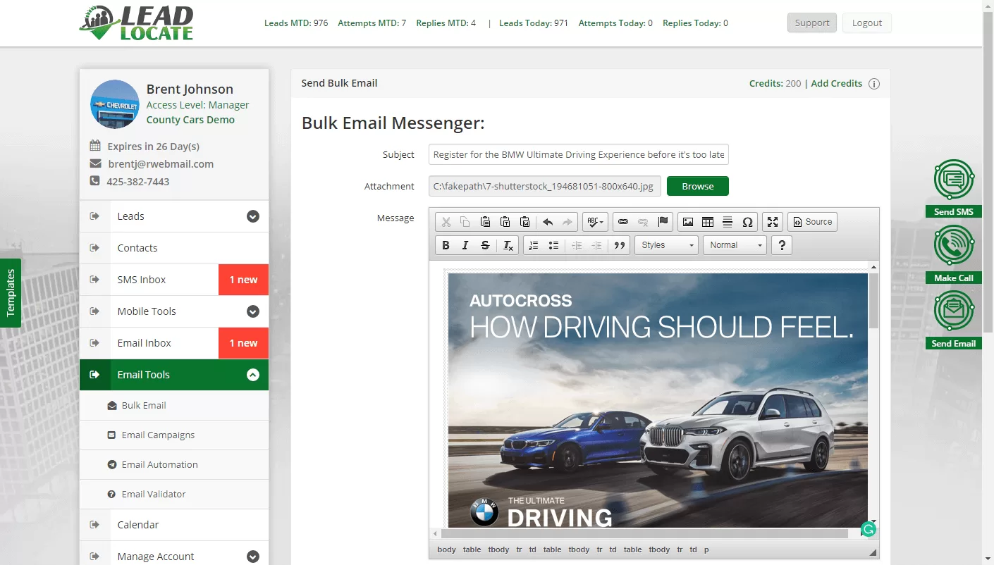LeadLocate CRM bulk email messenger screenshot