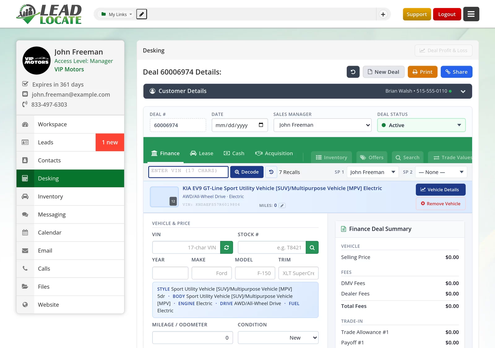 DealTracker desking a deal with vehicle, finance summary and deal status