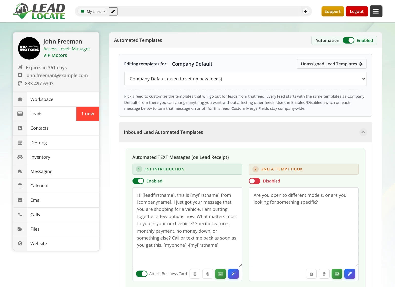 LeadLocate CRM Automated Templates page with the first introduction text message and automation switch