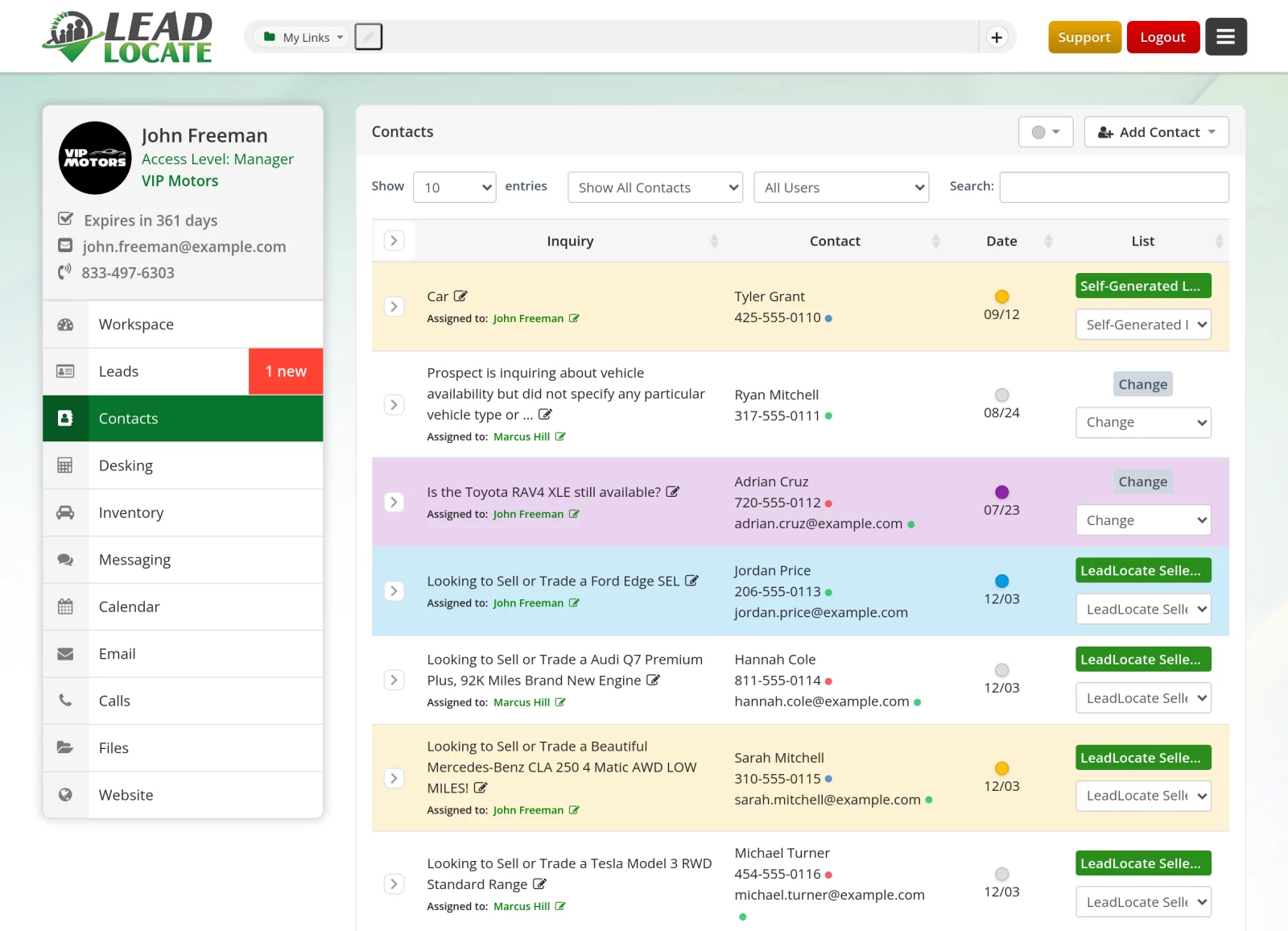 LeadLocate CRM contacts list with color coded rows, inquiries, contact details and list assignments